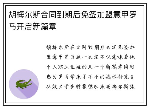 胡梅尔斯合同到期后免签加盟意甲罗马开启新篇章 胡梅尔斯合同到期后免签加盟意甲罗马开启新篇章