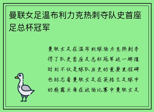 曼联女足温布利力克热刺夺队史首座足总杯冠军