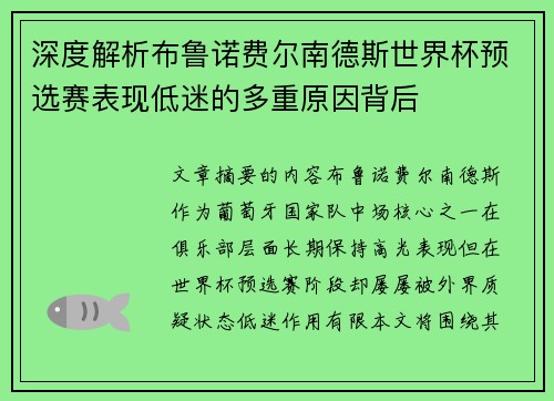深度解析布鲁诺费尔南德斯世界杯预选赛表现低迷的多重原因背后